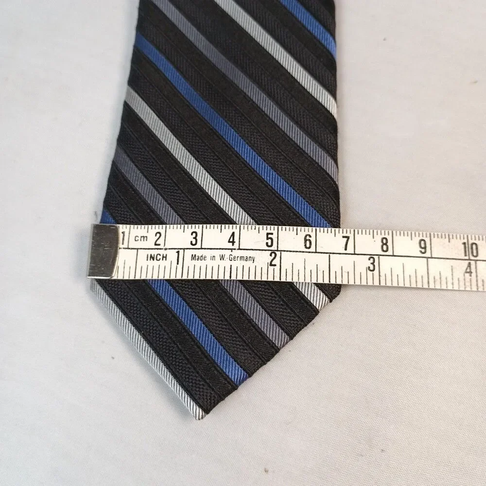 Calvin Klein REPP Stripe Tie Black Blue‎ Silver 100% Silk Men's Neck Tie 54